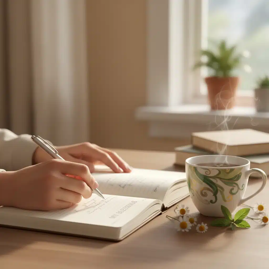 Person writing in a gratitude journal with a cup of tea.