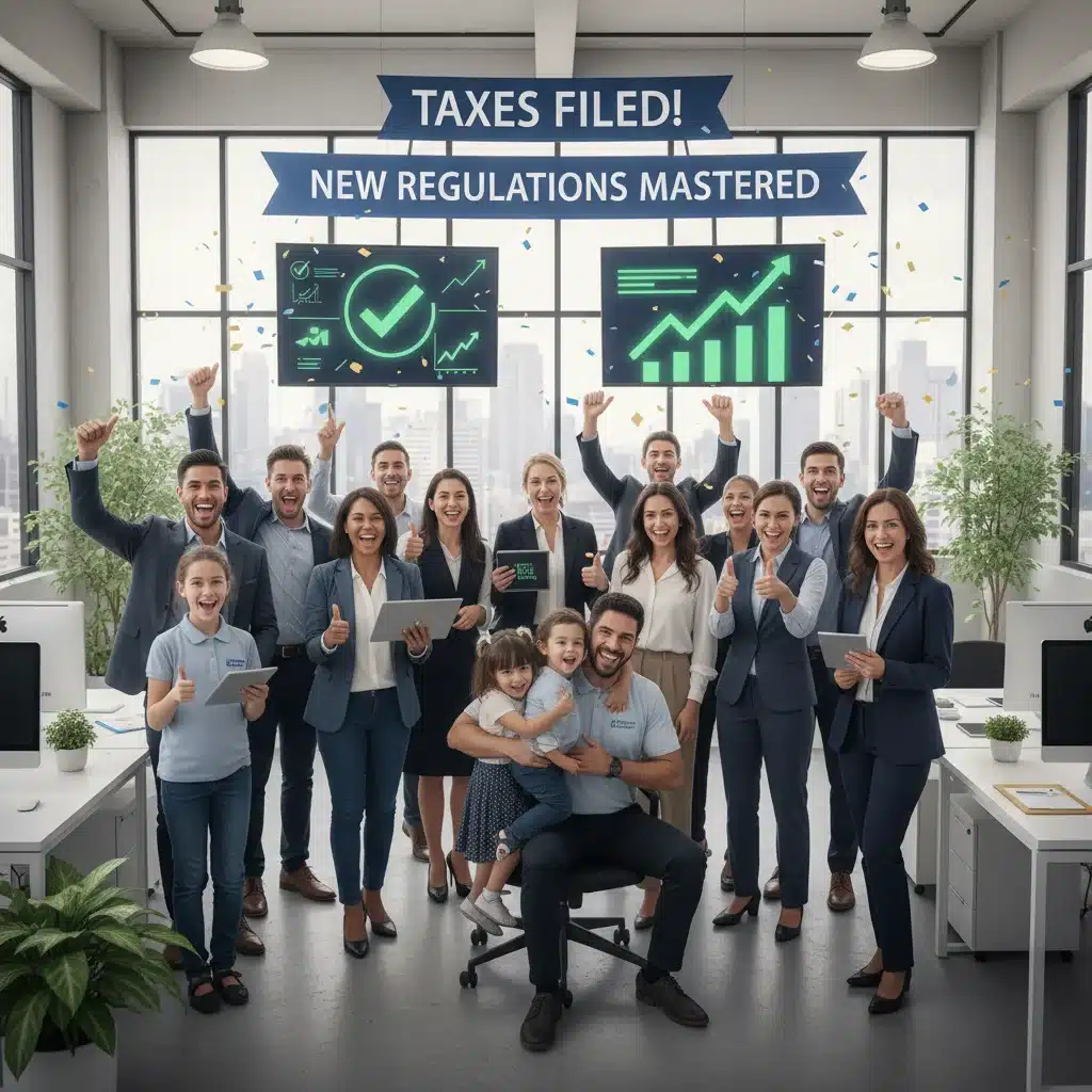 Diverse group of taxpayers smiling after successful tax filing
