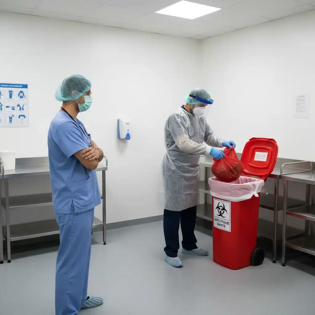 Healthcare professionals demonstrating proper PPE usage and biosafety in a hospital.