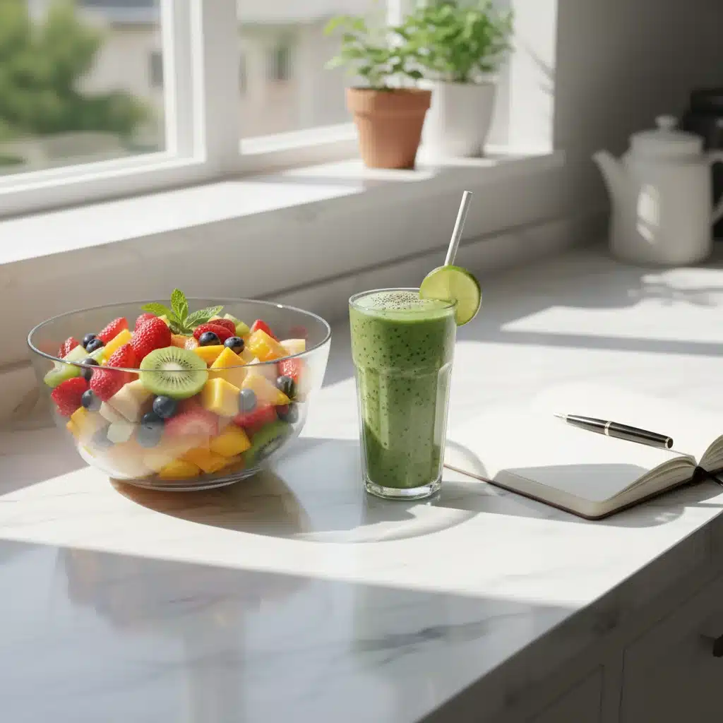 Healthy breakfast and journal for mindful morning planning.