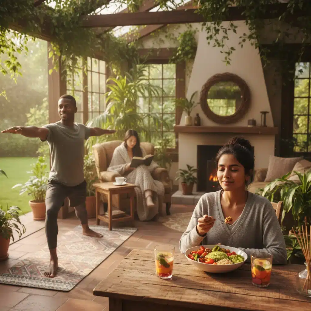 Diverse individuals practicing self-care activities like healthy eating, yoga, and reading for holistic well-being.