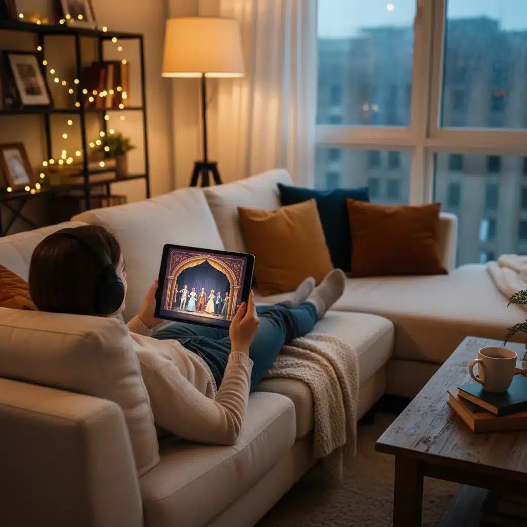 Person on couch watching a virtual theater performance on a tablet, illustrating comfortable home viewing.