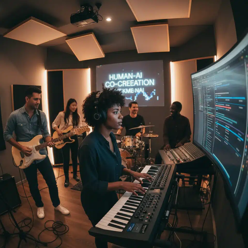 American musicians collaborating with AI-generated sheet music in a studio.