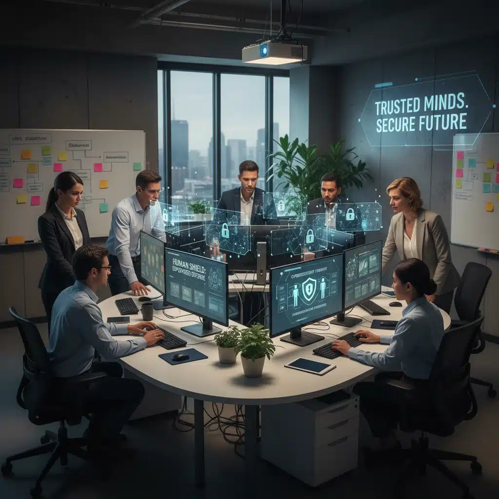Professionals collaborating on computers in a secure office, highlighting human cybersecurity