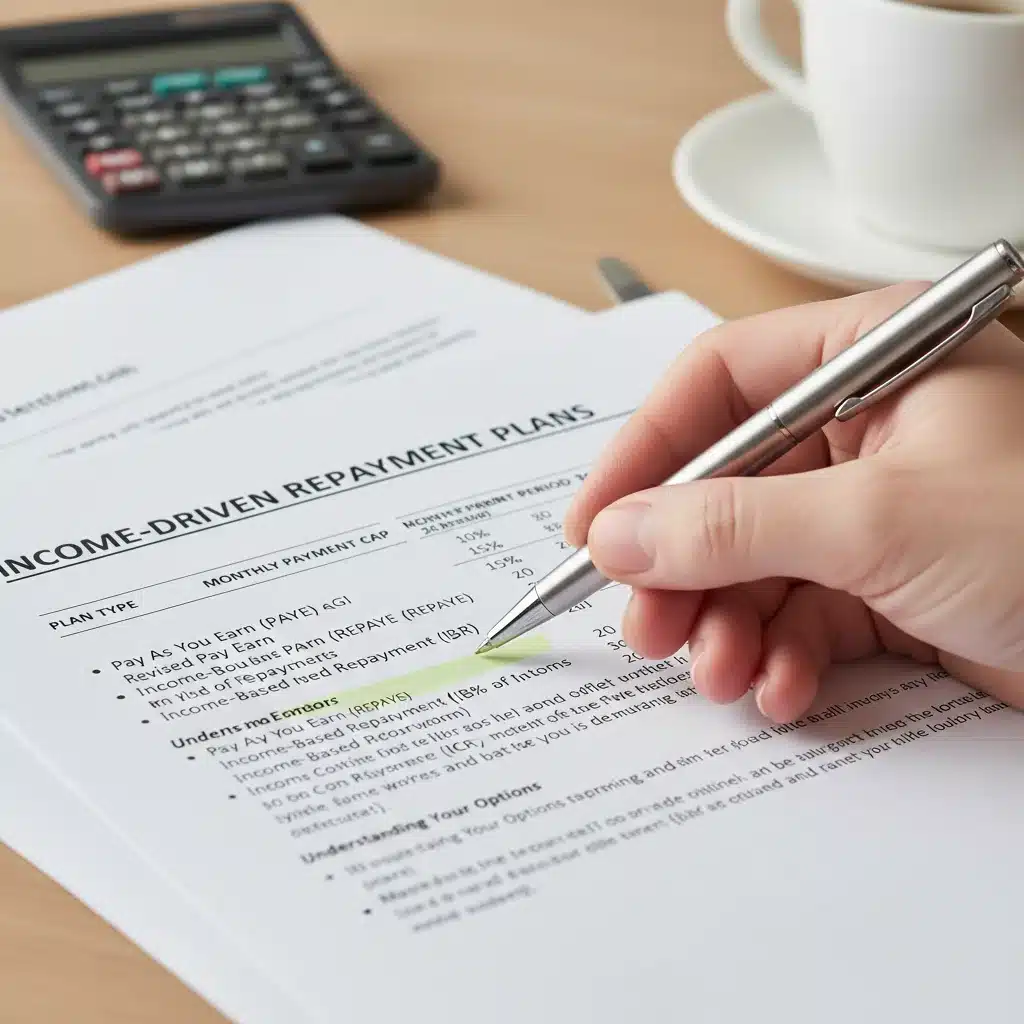 Hand pointing to income-driven repayment plan details on a document