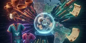 Digital compilation of Indigenous American artifacts and historical documents on a glowing holographic display, representing new digital archives.