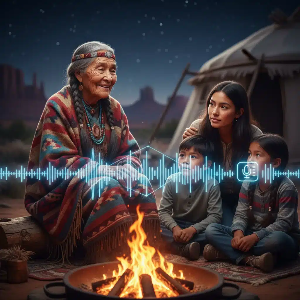 Indigenous elder sharing oral histories with young listeners, symbolizing cultural transmission and digital preservation.