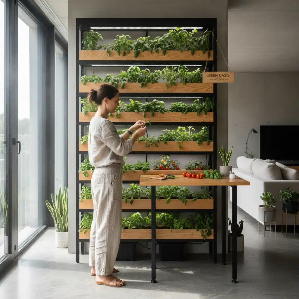 Individual tending to a thriving indoor vertical garden, showcasing sustainable and mindful urban gardening.