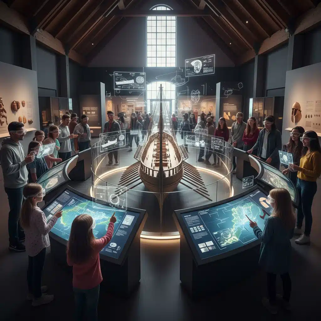 Visitors interacting with a historical artifact exhibit in a museum