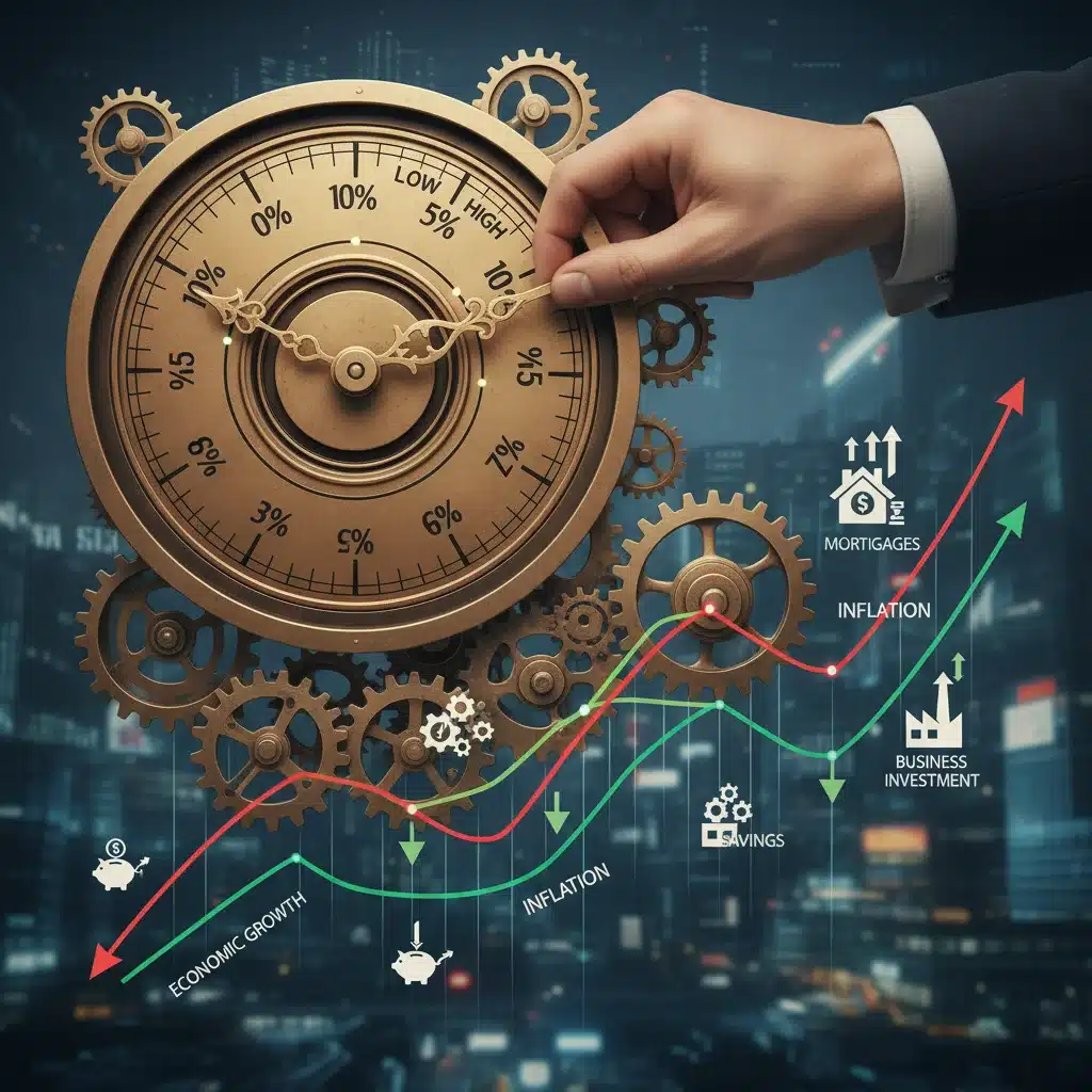 Hand adjusting interest rate dial, symbolizing Federal Reserve monetary policy.