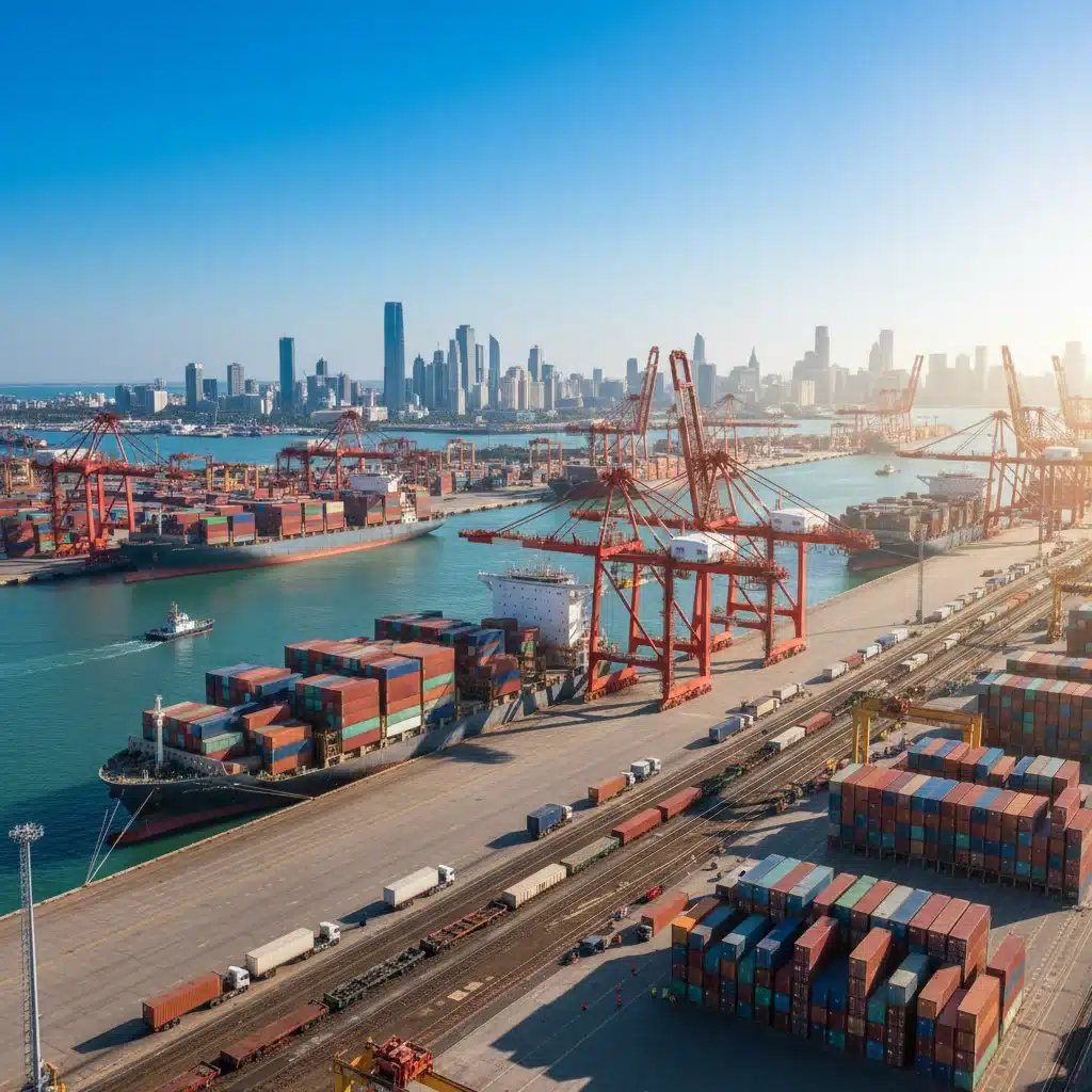 Bustling port operations signifying international trade