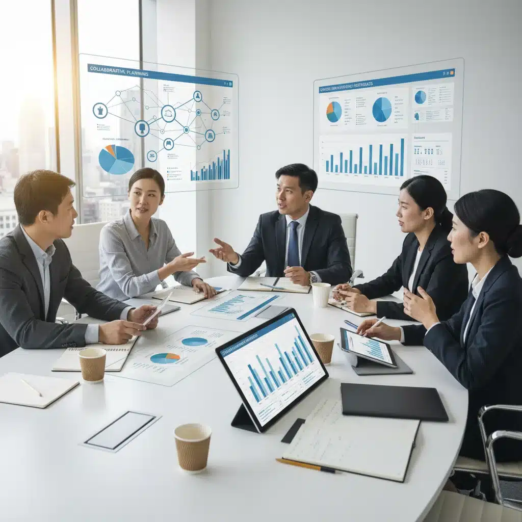 Group discussing investment strategies with financial software
