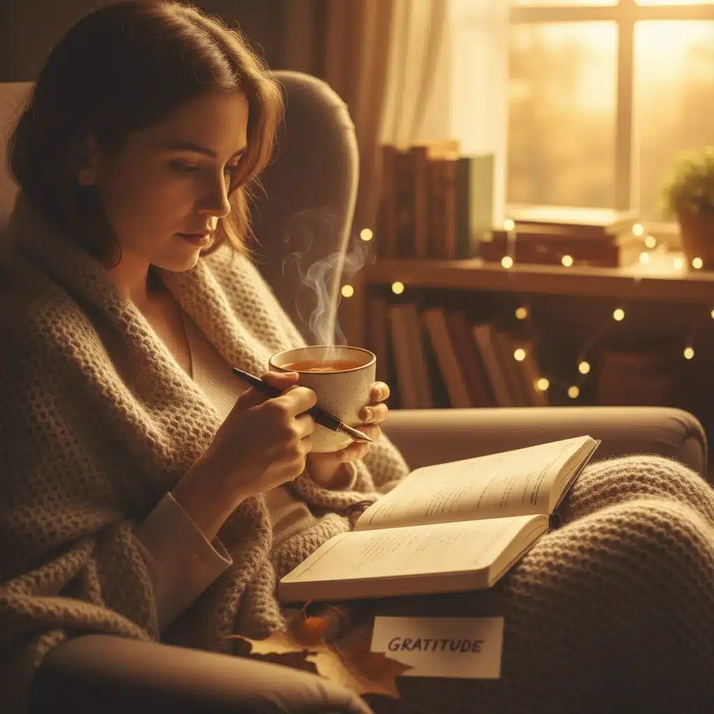 Person journaling and practicing gratitude with a warm drink