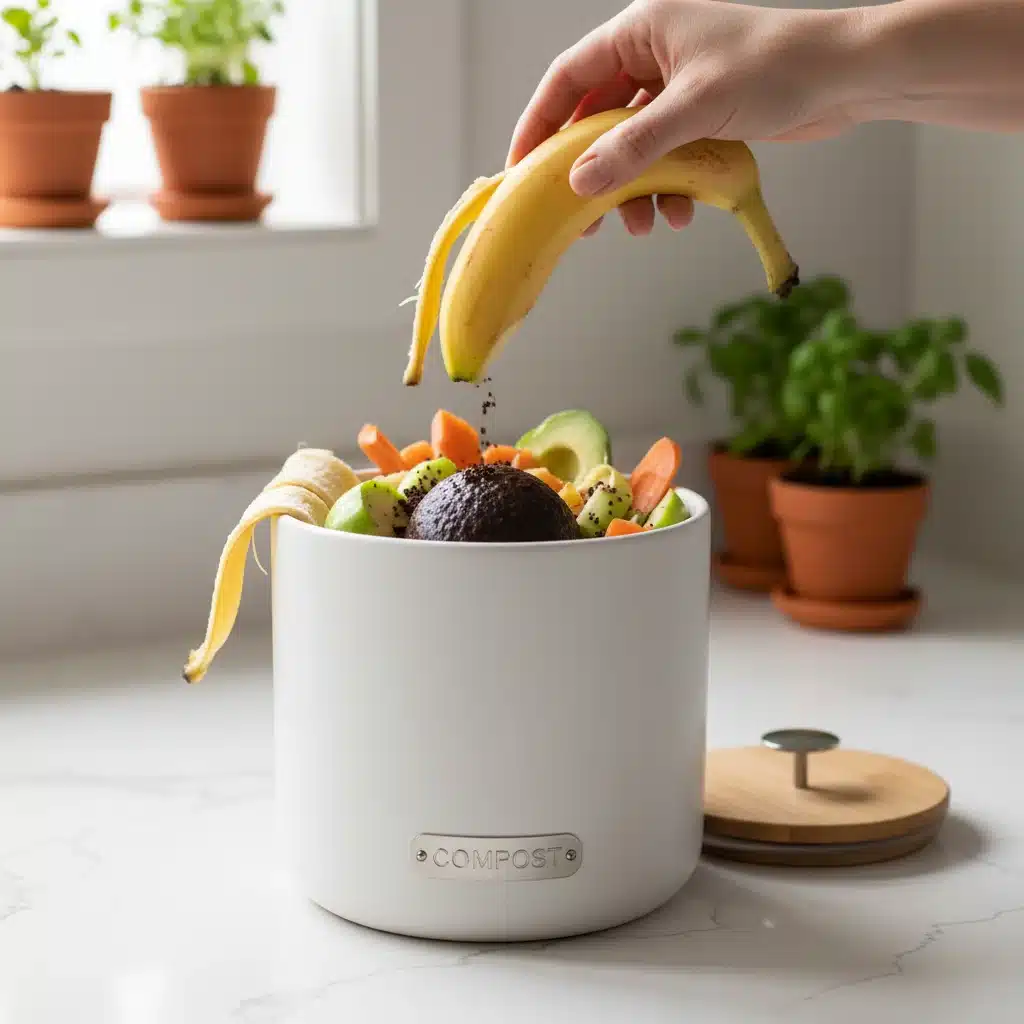 Composting kitchen scraps in a modern compost bin for sustainable living.