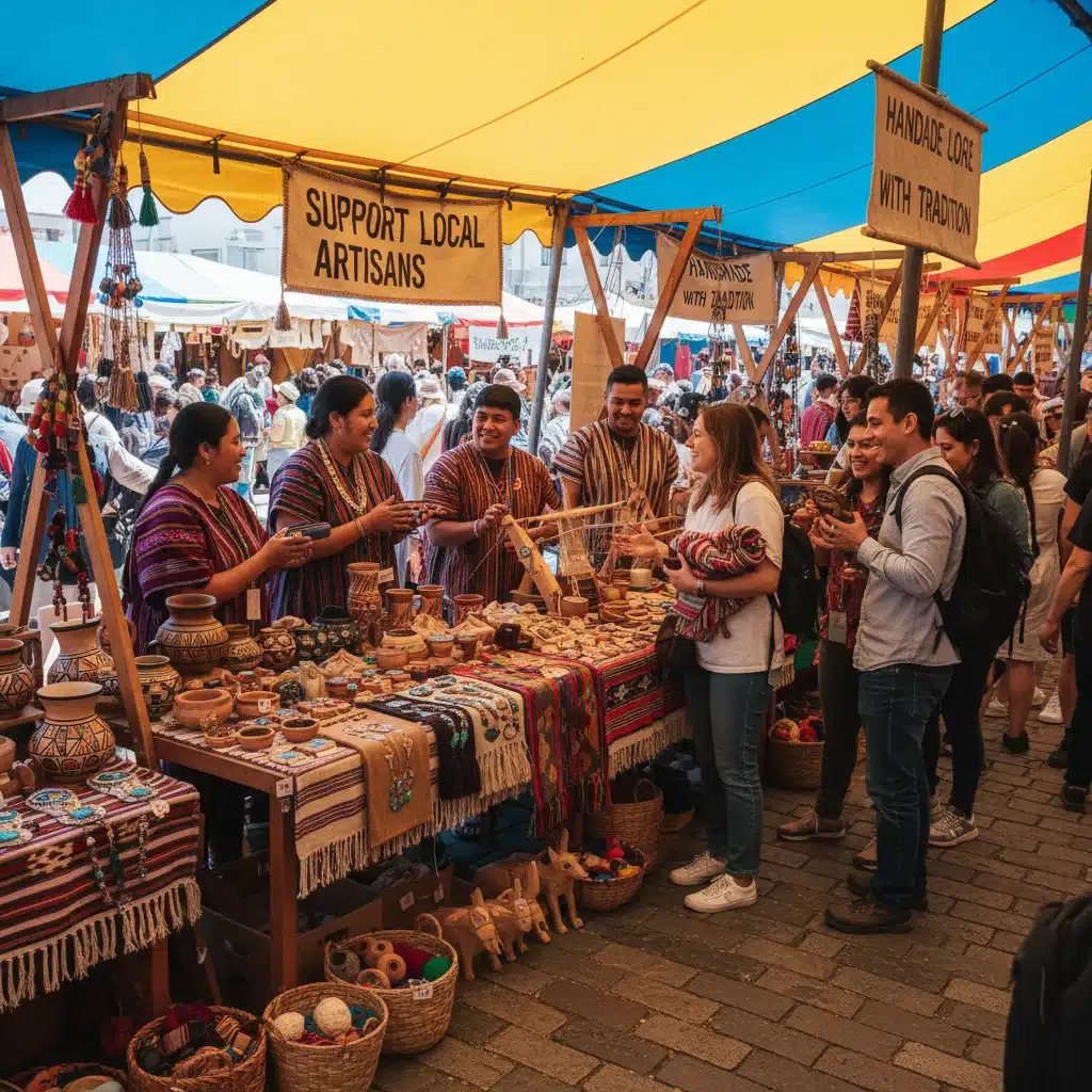 Local artisans selling traditional crafts to tourists at a bustling market during a cultural festival, demonstrating direct economic benefits.