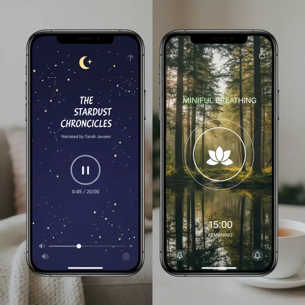 Split-screen showing sleep story and guided meditation features of different apps, highlighting versatility.