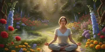 Person meditating in a sunlit garden, symbolizing peace and joy in 2026