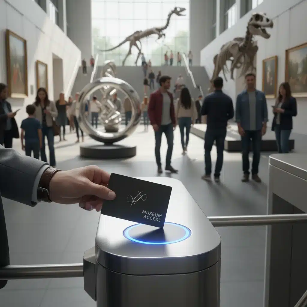 Museum membership card being scanned at an entrance, indicating easy access.