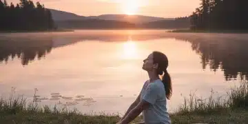 Person meditating at sunrise by a lake, symbolizing mindful morning routines.