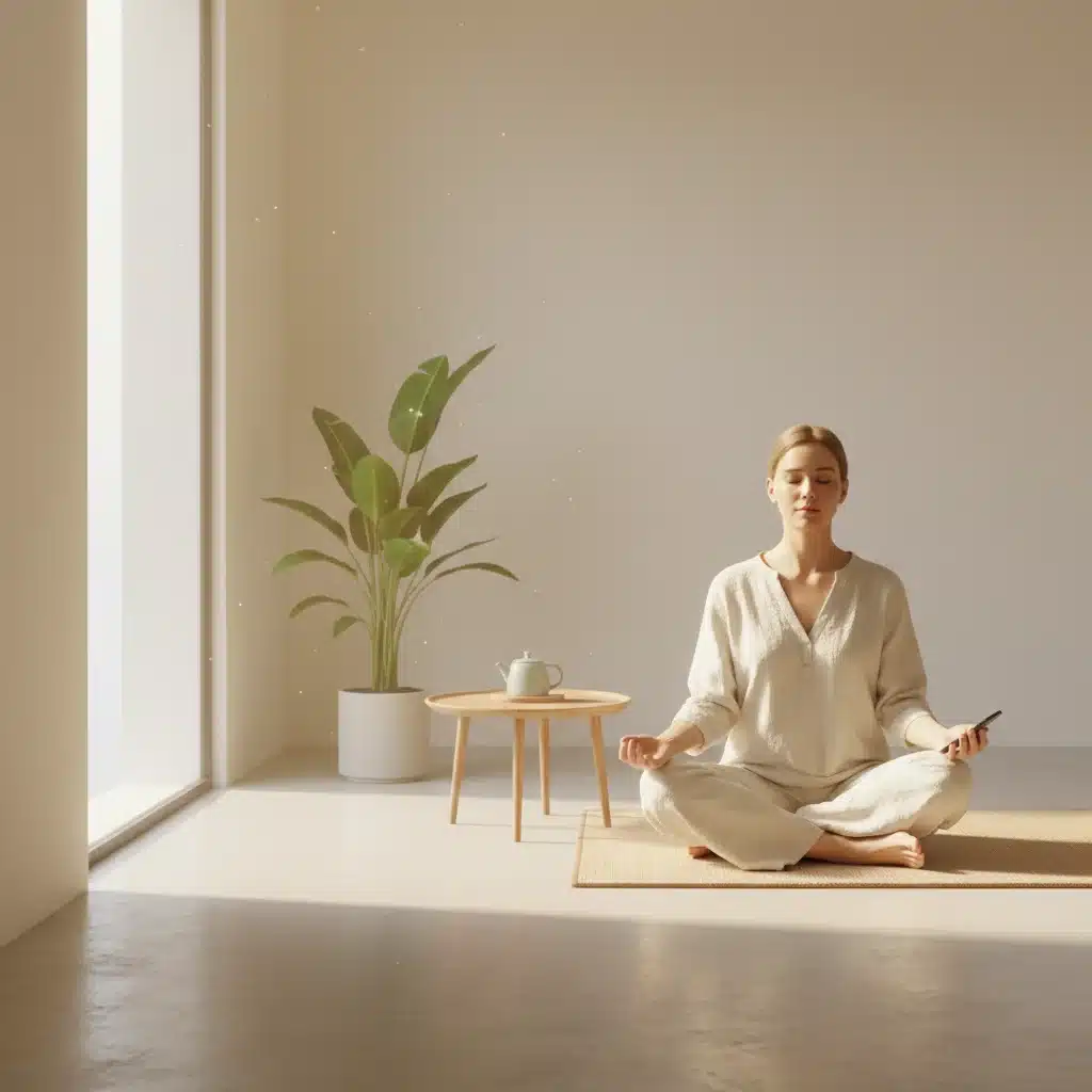 Person meditating with a smartphone nearby, practicing mindful technology use.