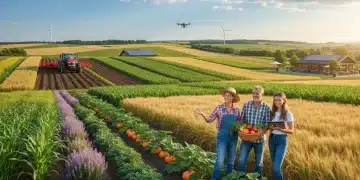 Panoramic view of a modern farm with diverse crops under a blue sky, symbolizing the future of agriculture.