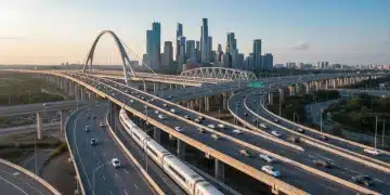 Modern highway intersection with high-speed rail and bridge, symbolizing the 2026 infrastructure plan.