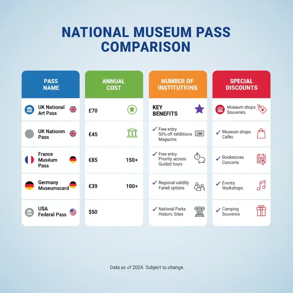 Infographic comparing features and benefits of various national museum passes.