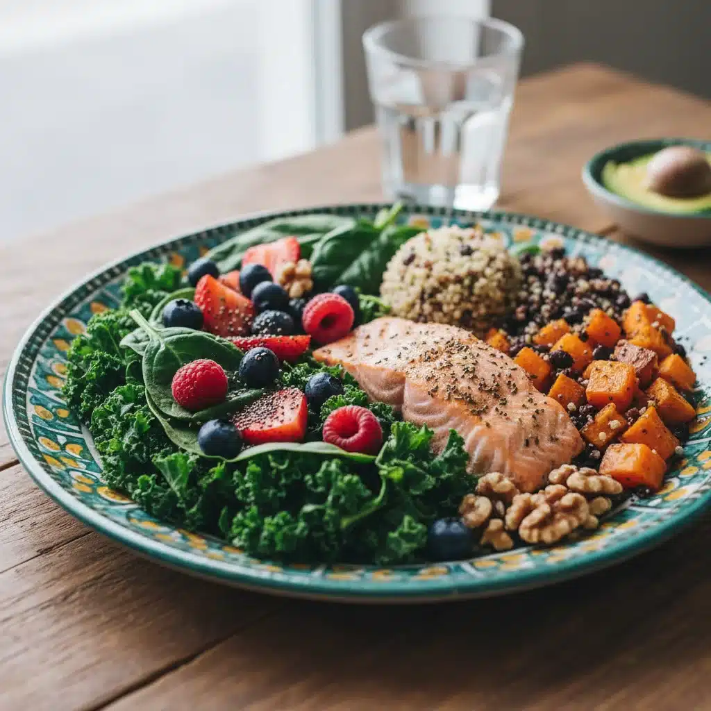 Colorful plate with nutrient-rich food for immune system support.