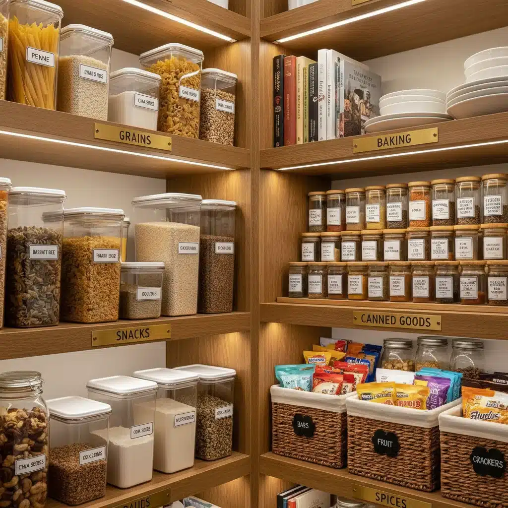 Well-organized kitchen pantry with clear containers and labeled shelves.