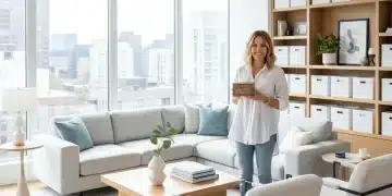 Organized modern living room with sunlight, showcasing effective home organization.