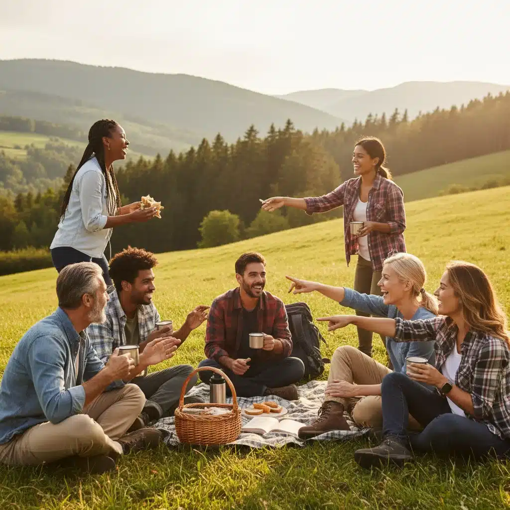 Diverse group enjoying outdoor activity, disconnected from devices, fostering real-world connections.