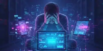 Overwhelmed person surrounded by digital devices, experiencing digital age stress.