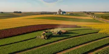 Vasta paisagem agrícola brasileira com diversas culturas, representando a força do agronegócio na segurança alimentar mundial.
