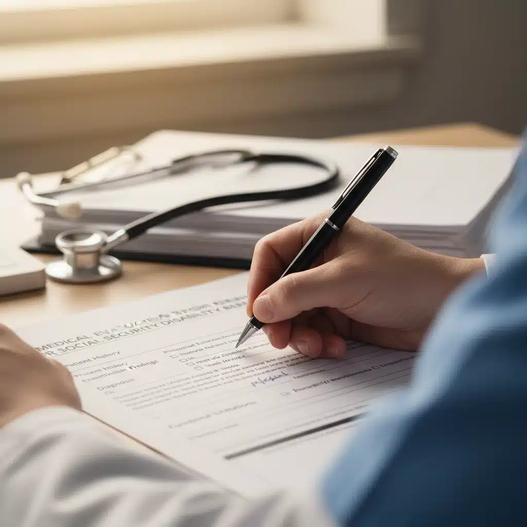 Mão de médico preenchendo relatório para perícia médica do INSS.