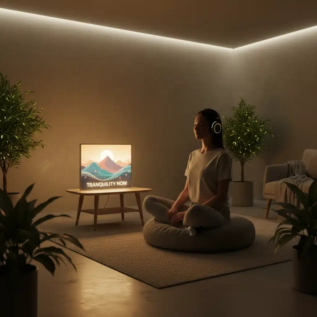 Person meditating with headphones in a calm, illuminated room, using a smart device for guidance.