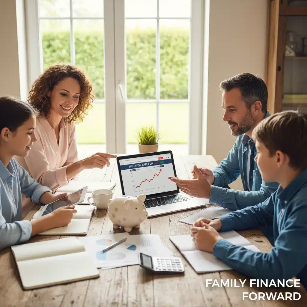Família discutindo planejamento financeiro com gráficos e cofrinho, focando em orçamento familiar.