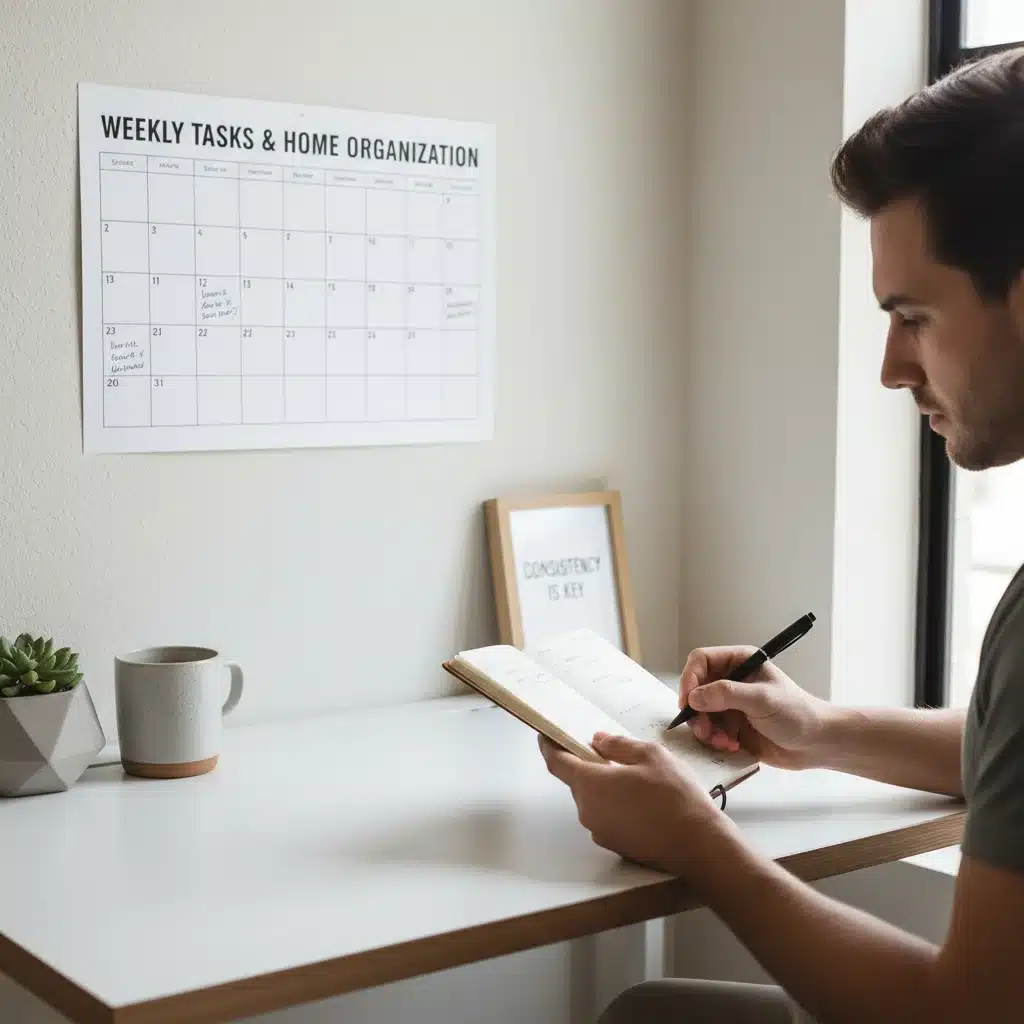 Person planning weekly tasks at a minimalist desk, focusing on consistent organization.