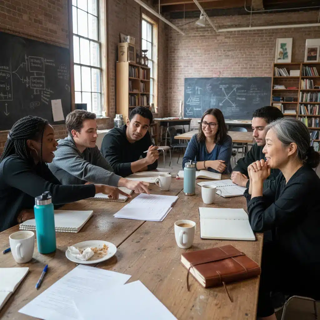 Playwrights collaborating in a workshop setting, discussing new scripts.