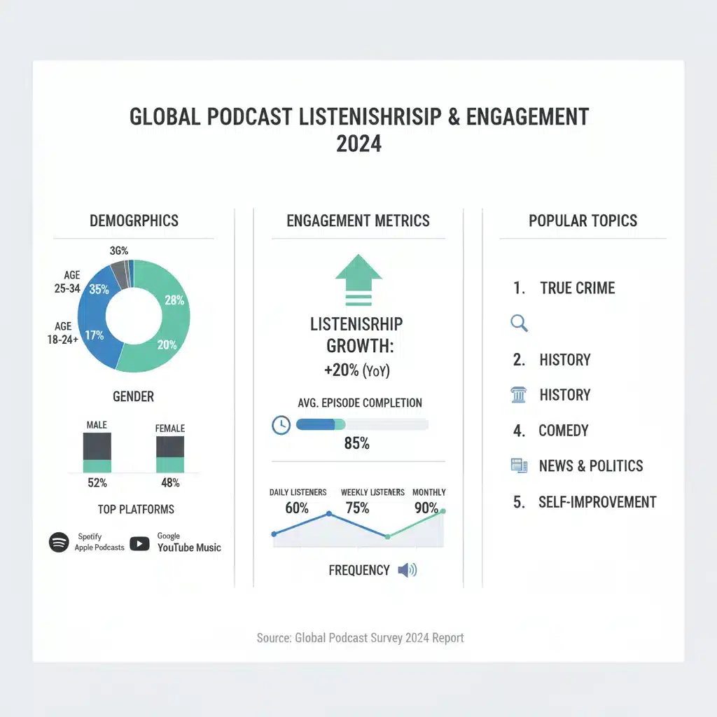 Infographic showing podcast listener demographics and engagement for history topics.