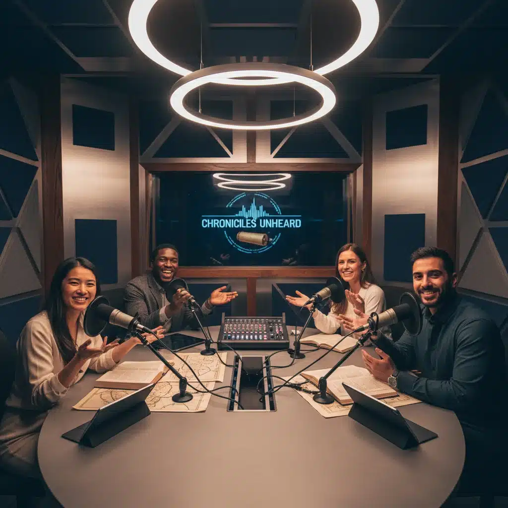 Modern podcast studio with hosts discussing American history, emphasizing production quality.