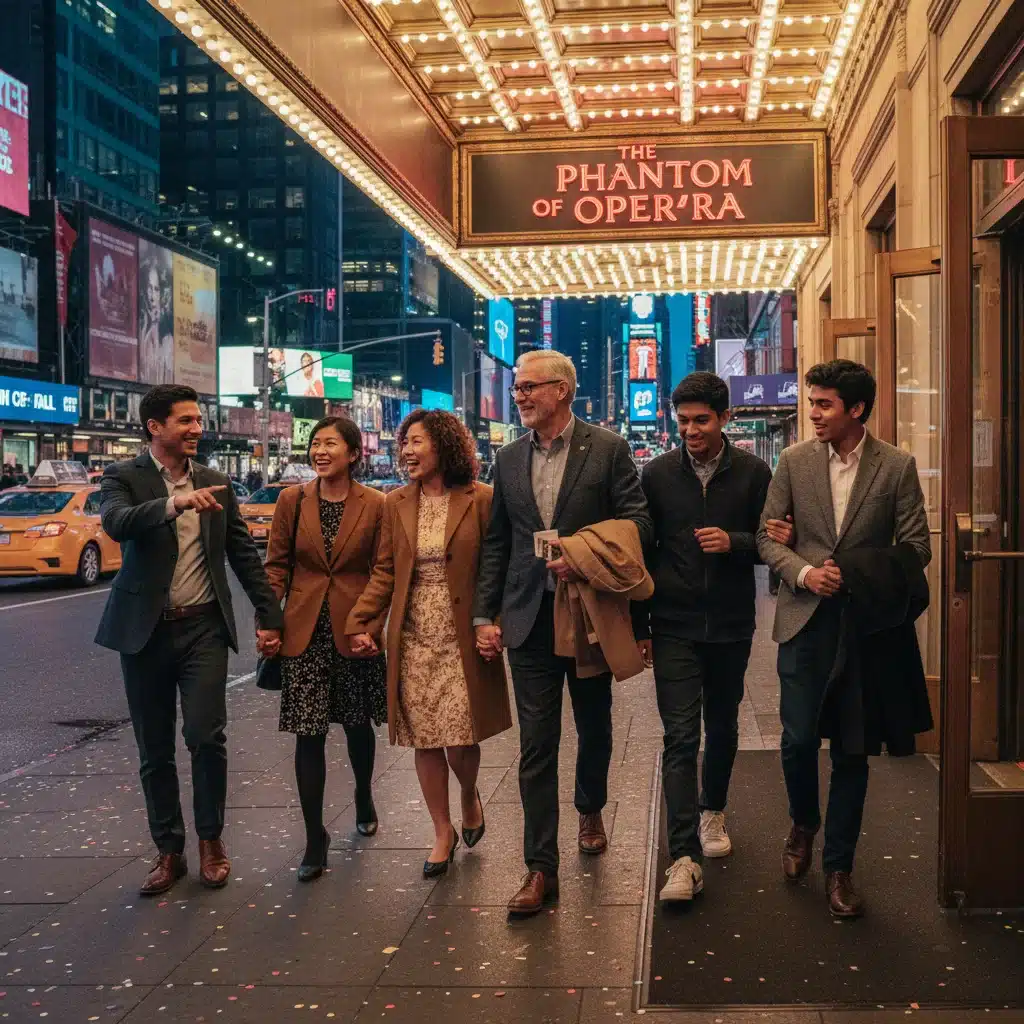 Happy audience members discussing a Broadway show after performance