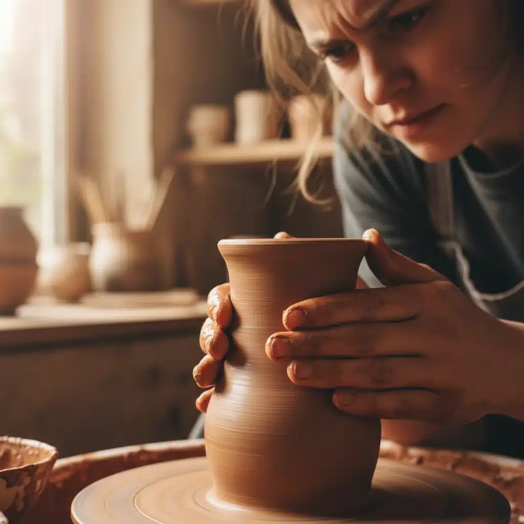 Hands meticulously shaping clay on a potter's wheel, demonstrating the focus and therapeutic nature of pottery.