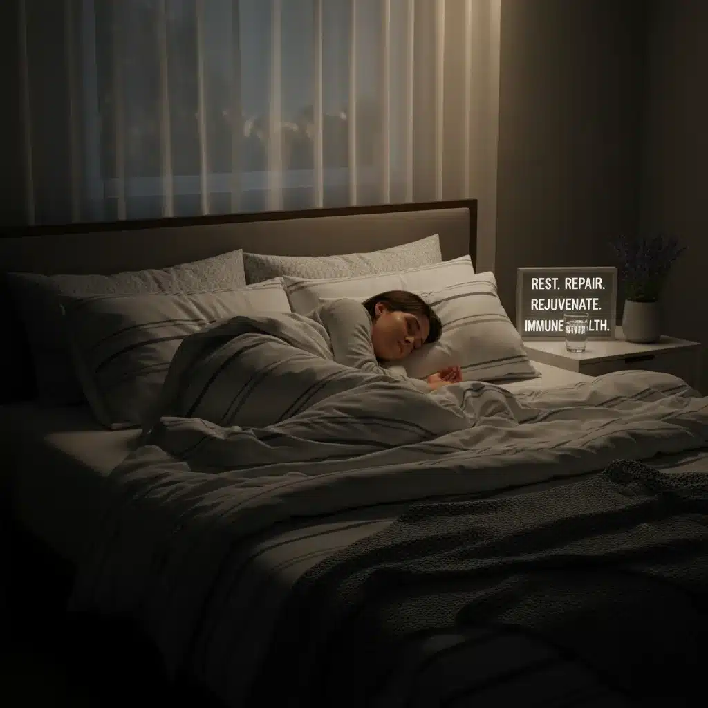 Person sleeping soundly in a comfortable bed, highlighting restful sleep for immunity.
