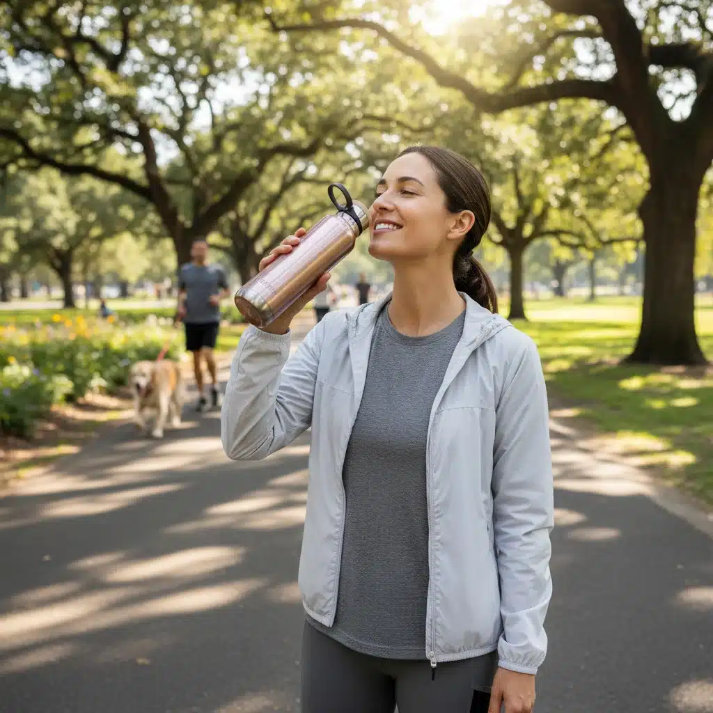 Person drinking from reusable water bottle during outdoor activity, promoting consistent hydration