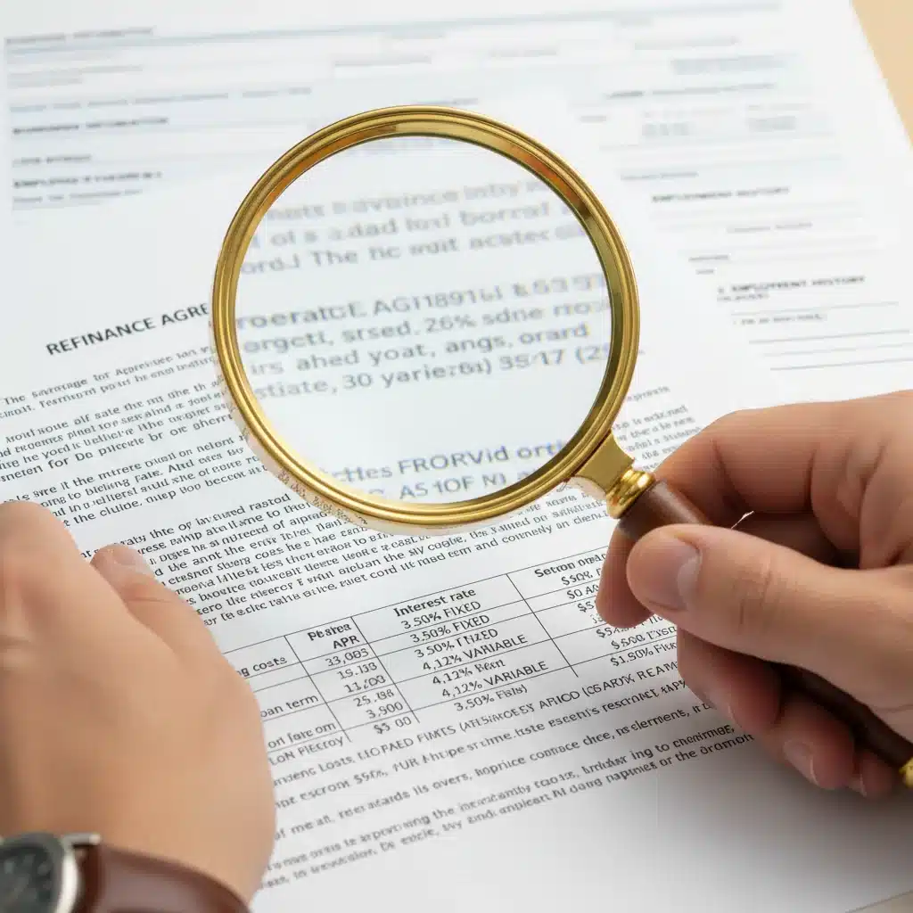 Magnifying glass over financial document, reviewing refinance terms.
