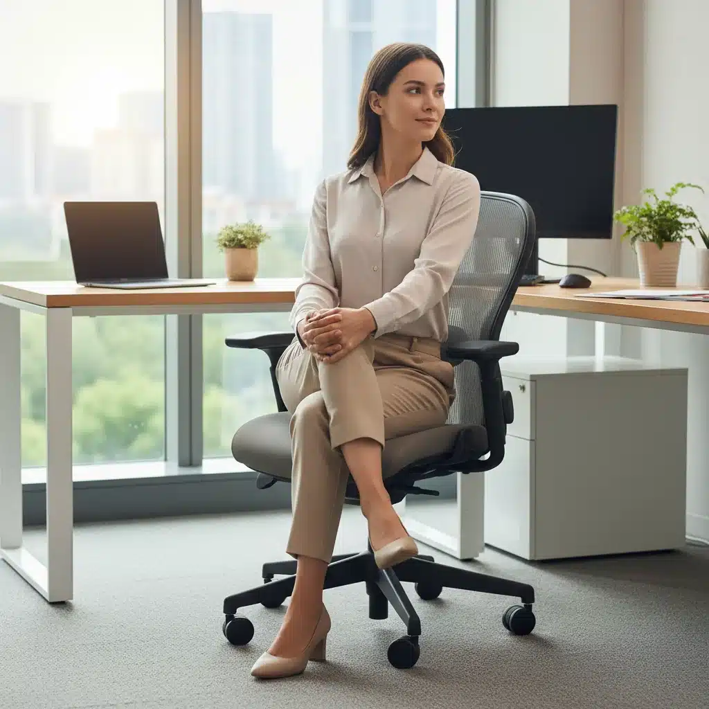 Office worker performing a seated spinal twist for back health