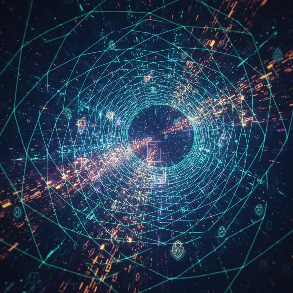 Secure data flow through an encrypted digital tunnel, symbolizing advanced data protection.