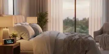 Bedroom scene promoting 7 hours of sleep for optimal wellness