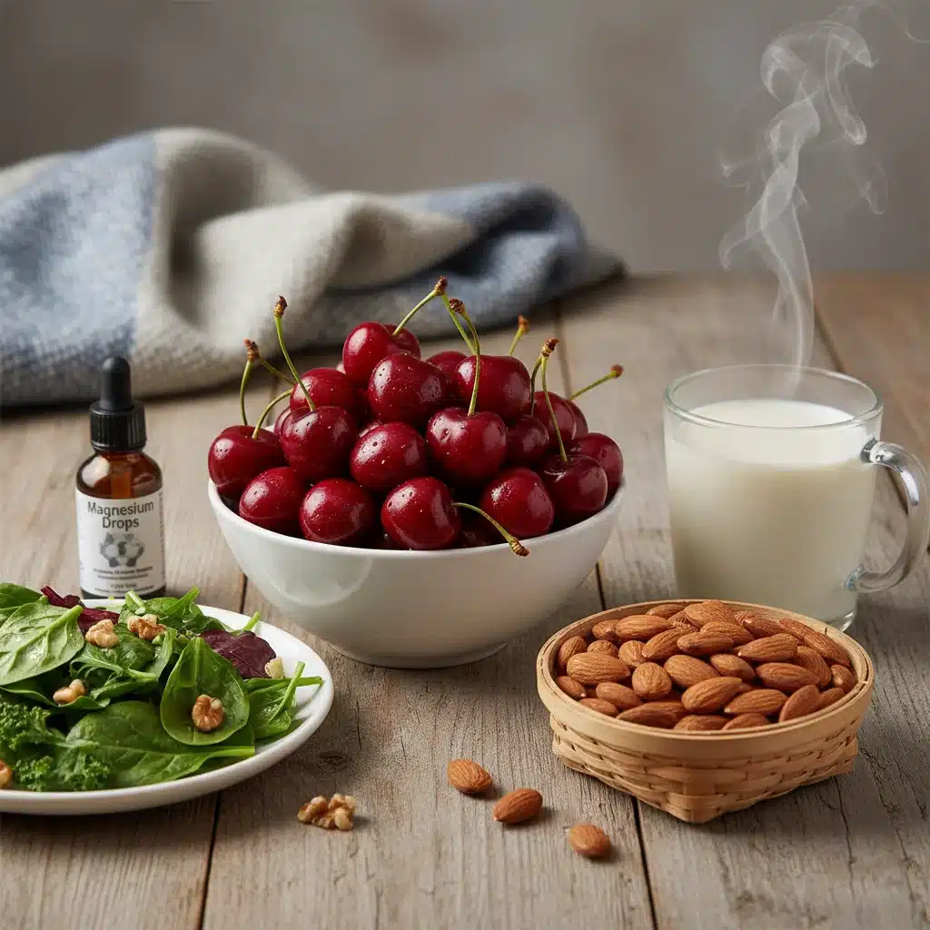 Healthy foods promoting better sleep, including cherries, almonds, and milk