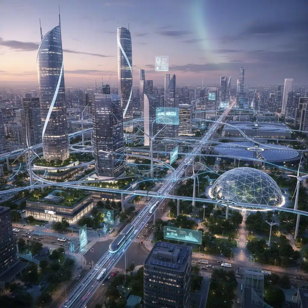 Smart city urban landscape at dusk with electric vehicle charging and renewable energy.